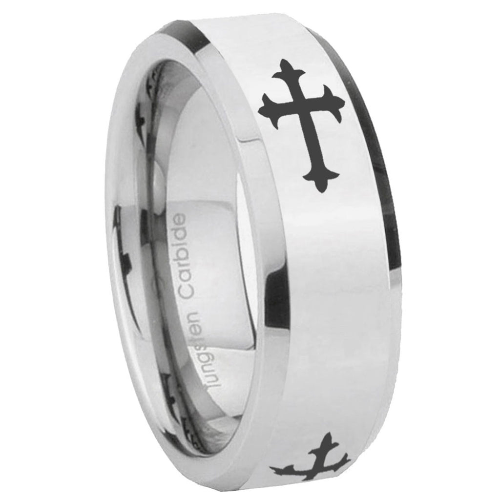 10mm Christian Cross Religious Beveled Edges Silver Tungsten Carbide Mens Ring Engraved