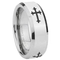 10mm Christian Cross Religious Beveled Edges Silver Tungsten Carbide Mens Ring Engraved