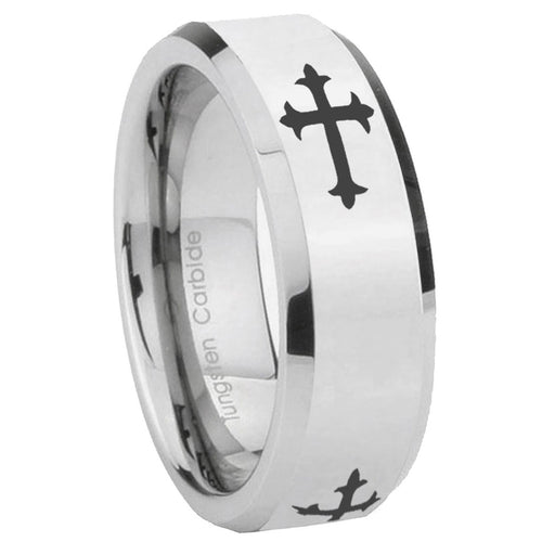 10mm Christian Cross Religious Beveled Edges Silver Tungsten Carbide Mens Ring Engraved