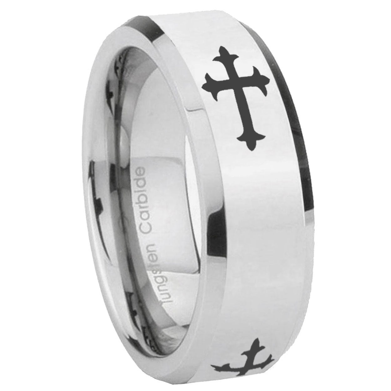 8MM Christian Cross Religious Bevel Polish Silver Tungsten Mens Ring