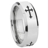 8mm Christian Cross Religious Beveled Edges Silver Tungsten Wedding Engagement Ring