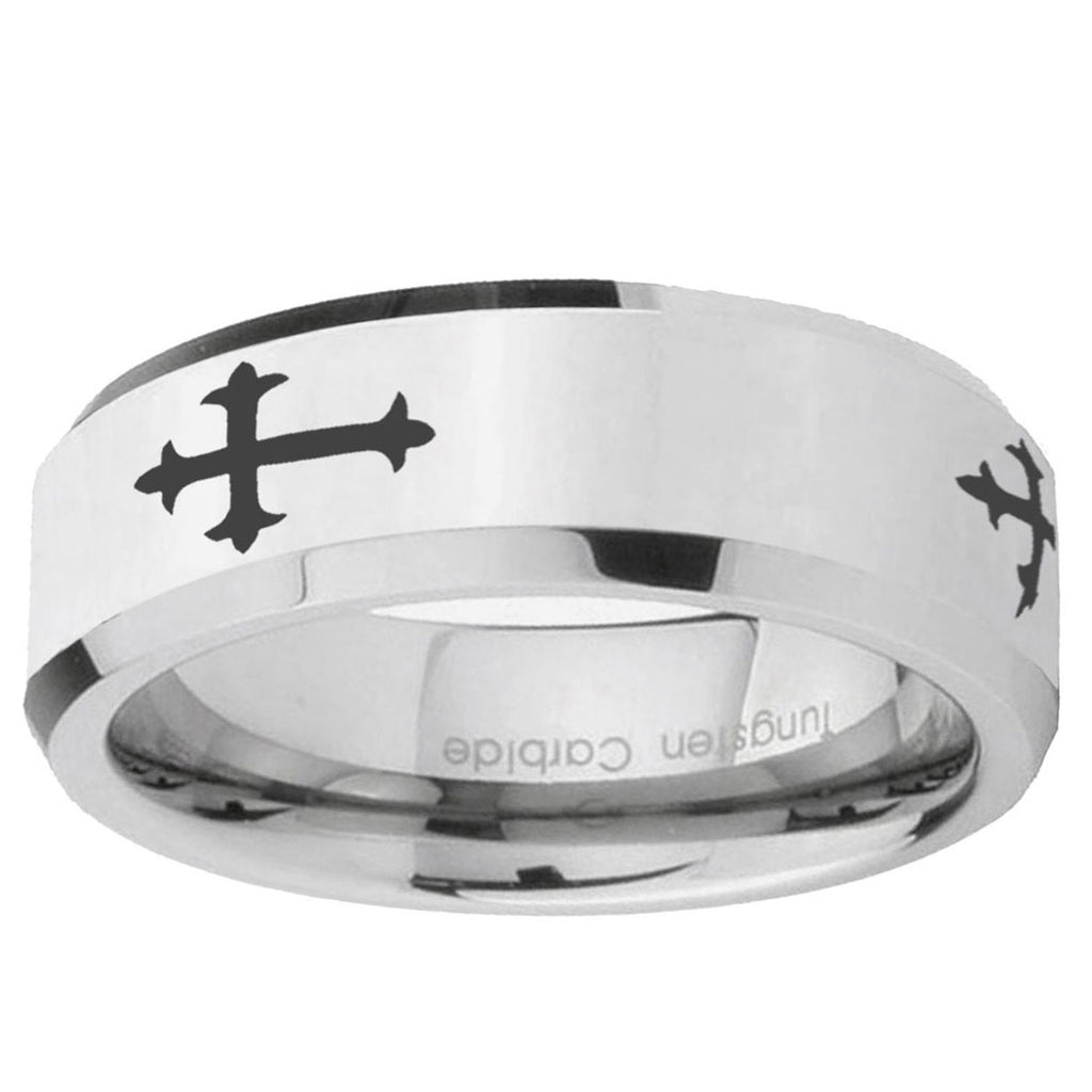 10mm Christian Cross Religious Beveled Edge Silver Tungsten Ring