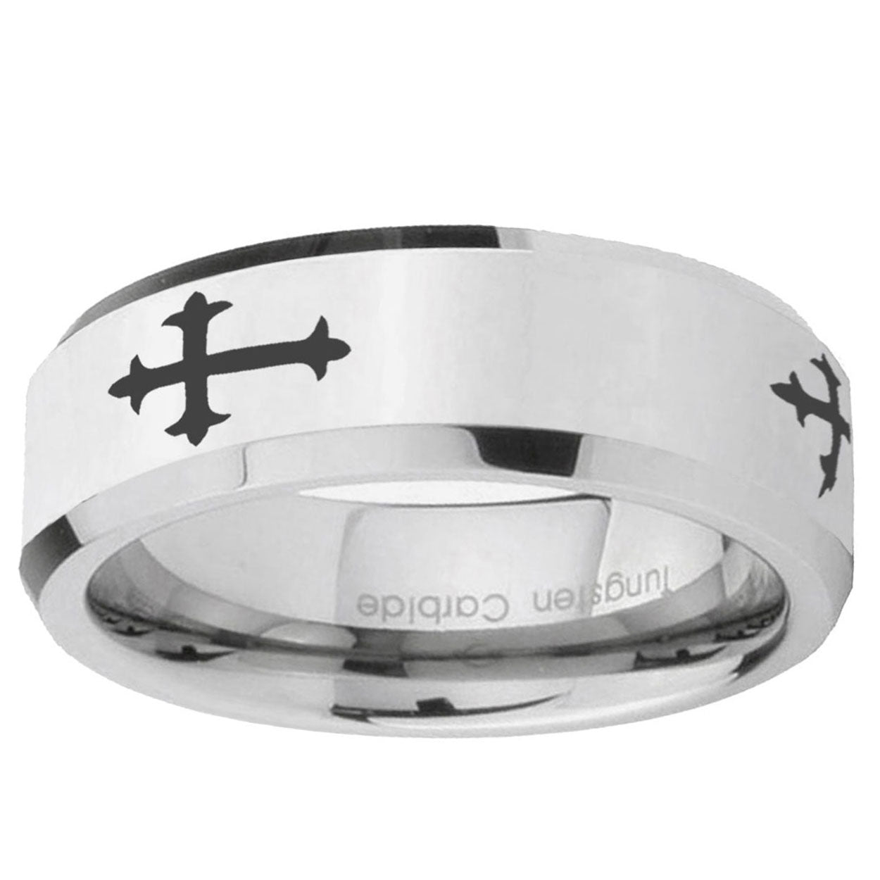10mm Christian Cross Religious Beveled Edge Silver Tungsten Ring