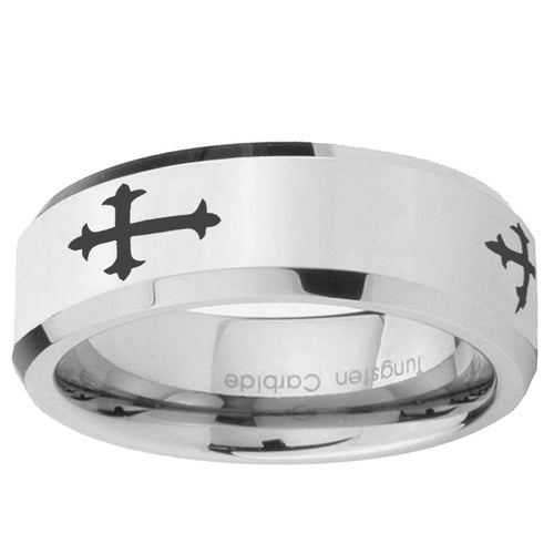 10mm Christian Cross Religious Beveled Edge Silver Tungsten Ring