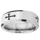 5, 8mm Christian Cross Religious Beveled Edge Silver Tungsten Ring