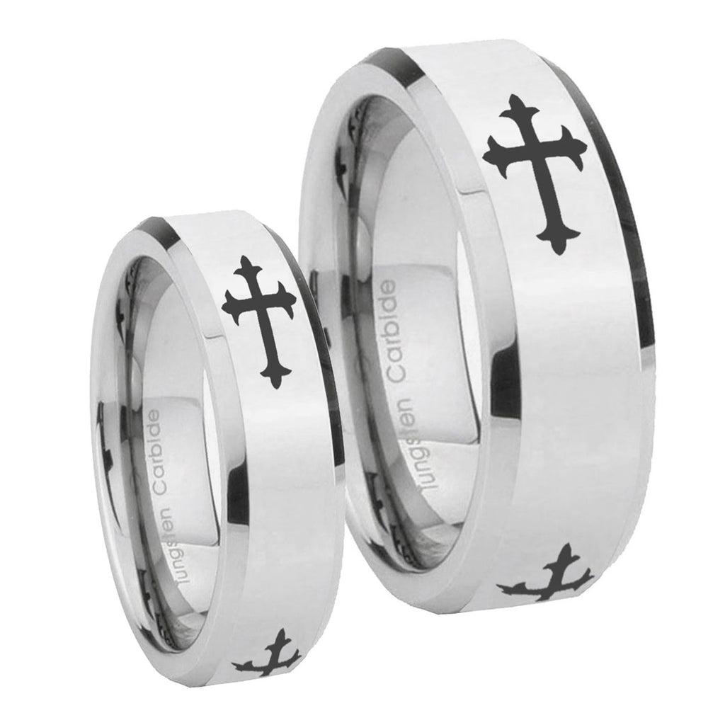 Christian Cross Religious Beveled Edges Silver Tungsten His Hers Set Rings