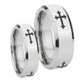 Christian Cross Religious Beveled Edges Silver Tungsten His Hers Set Rings