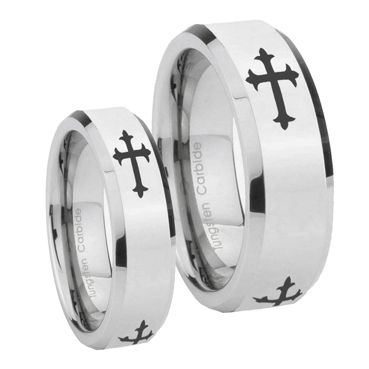 Christian Cross Religious Beveled Edges Silver Tungsten His Hers Set Rings