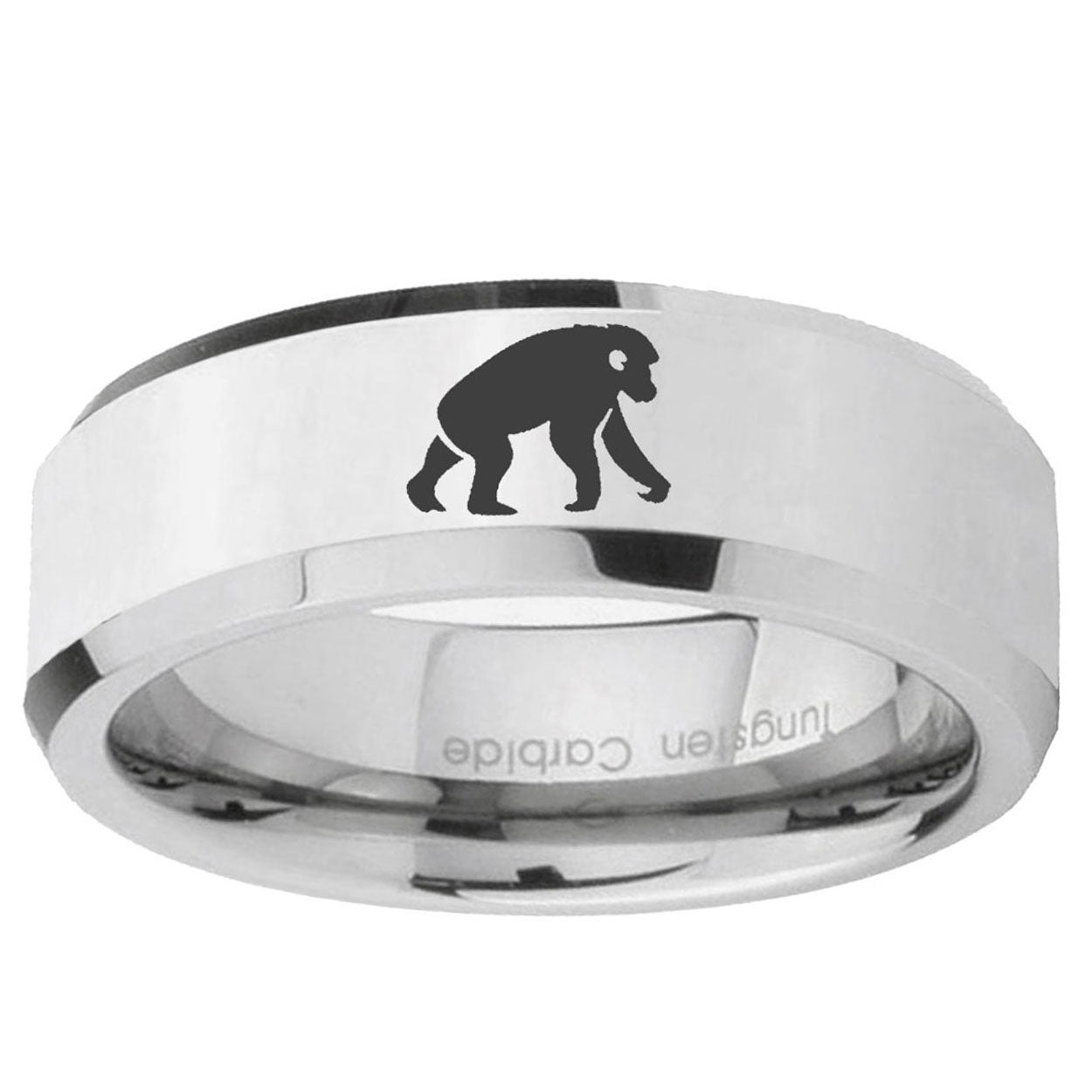 10mm Chimpanzee Beveled Edge Silver Tungsten Ring