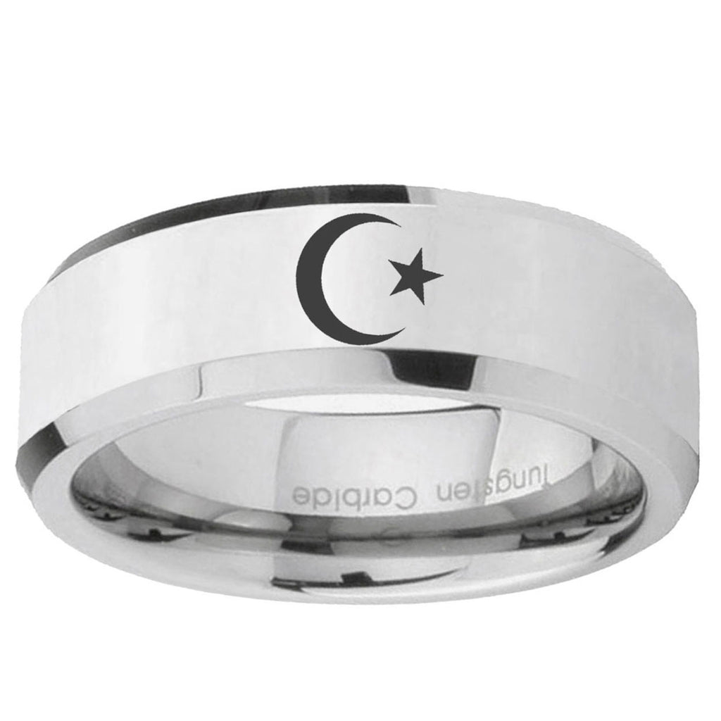 10mm Crescent Moon Stars Beveled Edge Silver Tungsten Ring