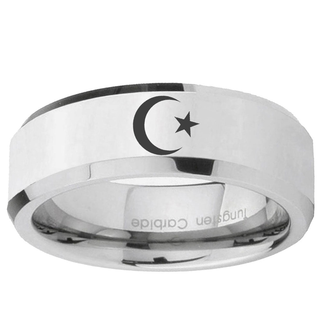 10mm Crescent Moon Stars Beveled Edge Silver Tungsten Ring