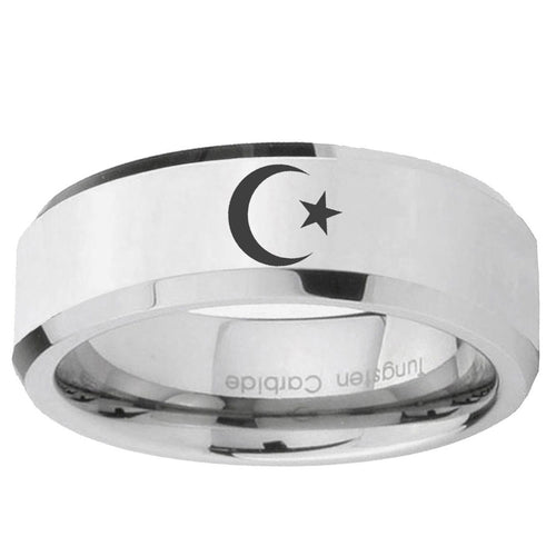 10mm Crescent Moon Stars Beveled Edge Silver Tungsten Ring