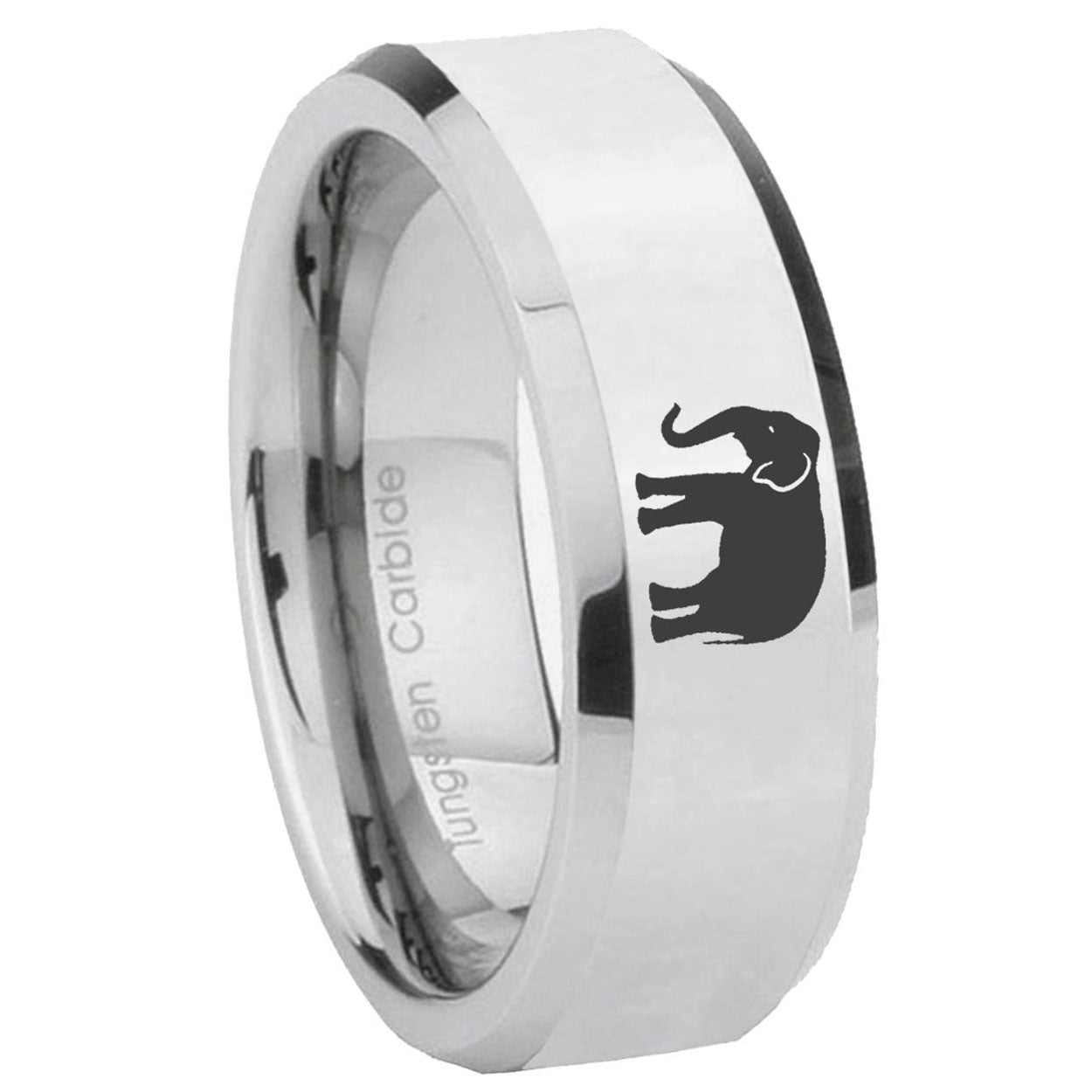 8MM Elephant Bevel Polish Silver Tungsten Comfort Fit Ring