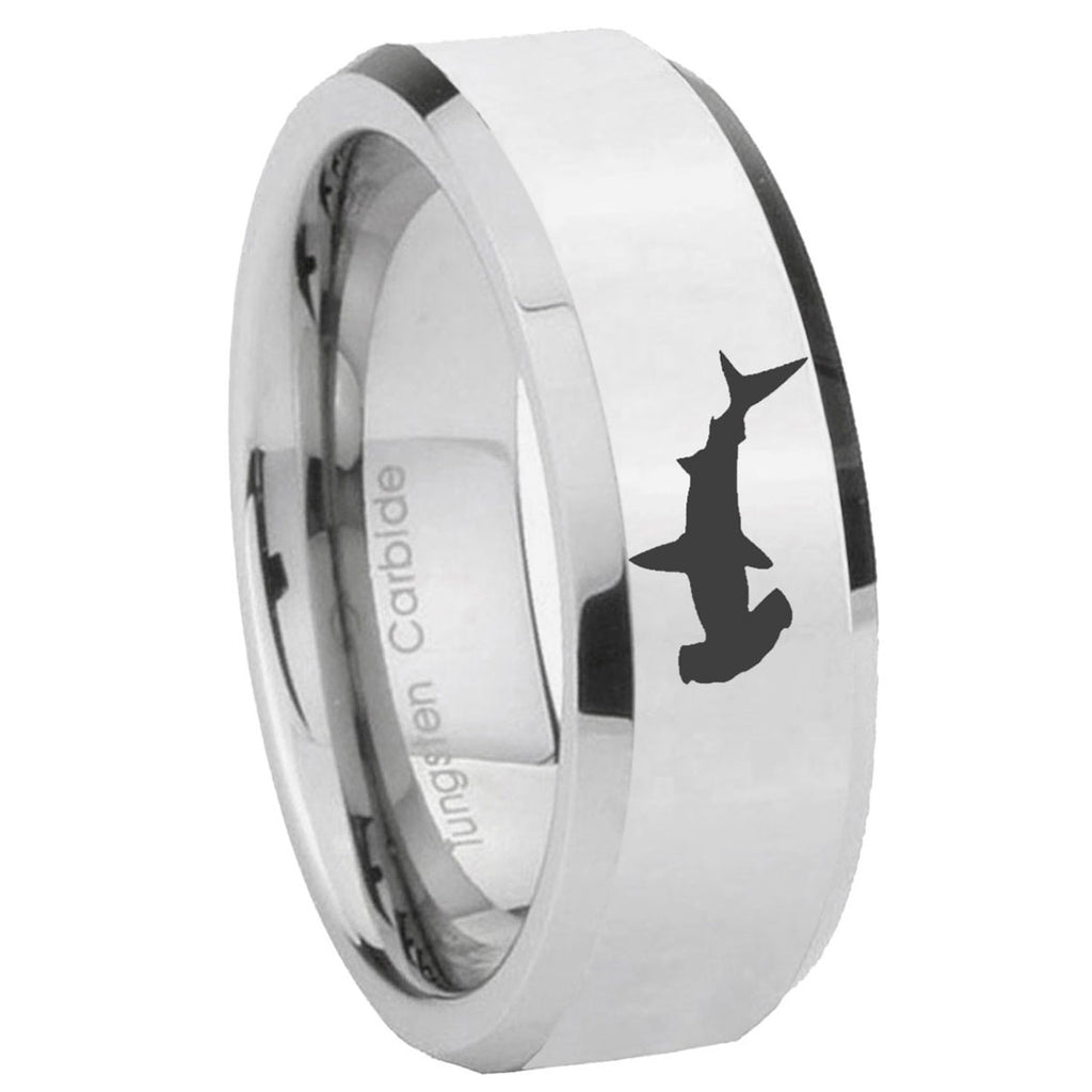 10mm Hammerhead Shark Beveled Edges Silver Tungsten Carbide Mens Ring Engraved
