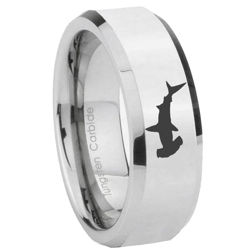 10mm Hammerhead Shark Beveled Edges Silver Tungsten Carbide Mens Ring Engraved