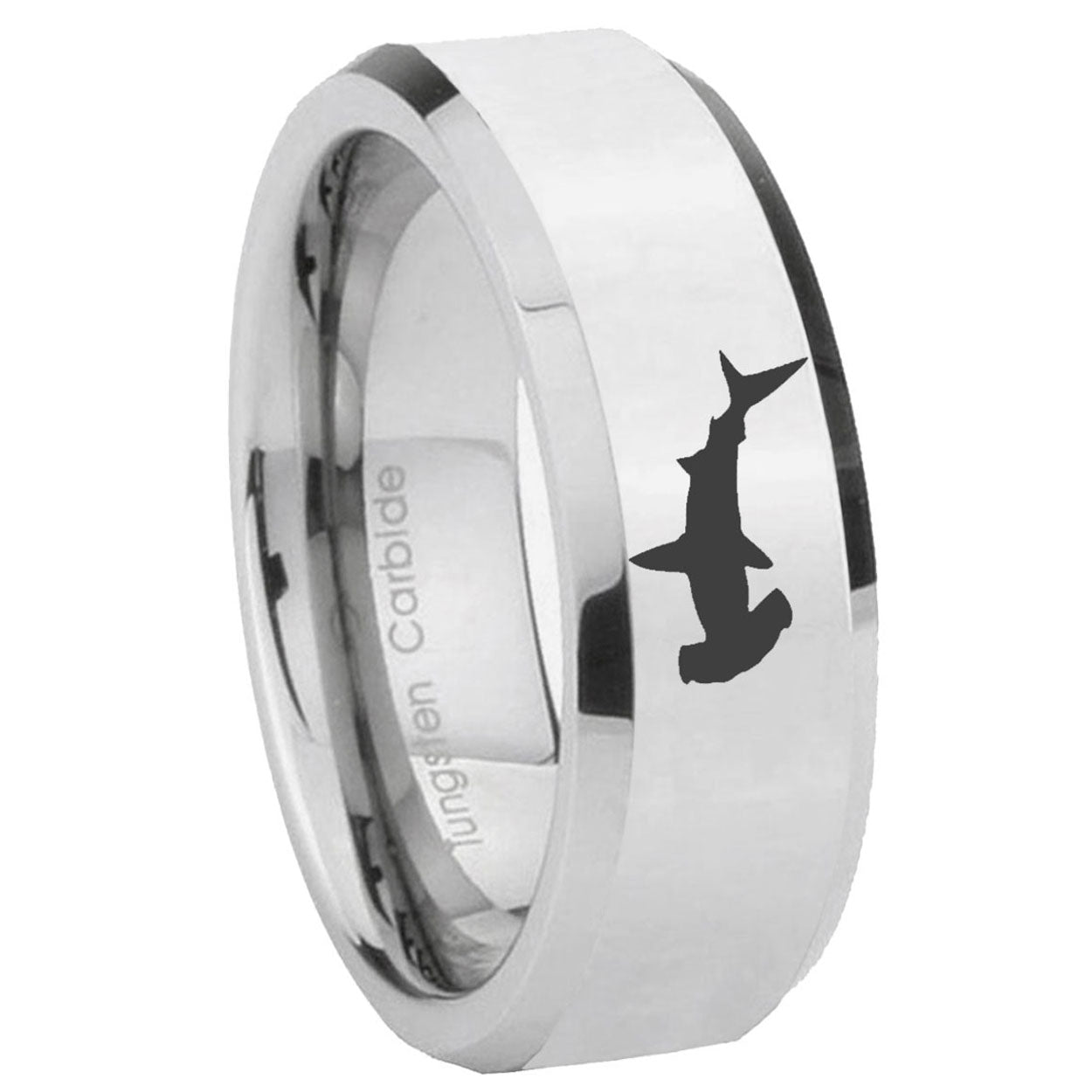 8MM Hammerhead Shark Bevel Polish Silver Tungsten Comfort Fit Ring