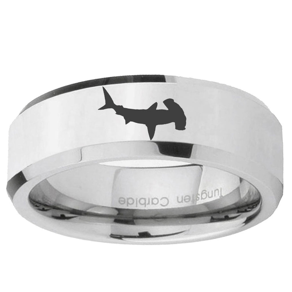10mm Hammerhead Shark Beveled Edge Silver Tungsten Ring