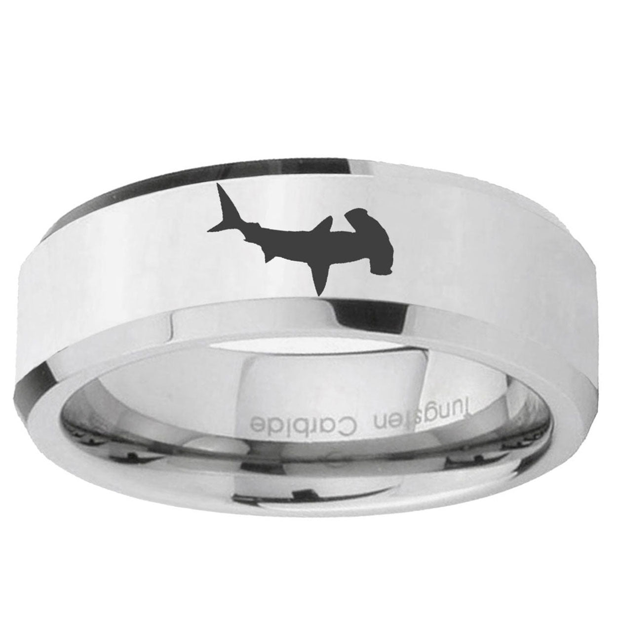 10mm Hammerhead Shark Beveled Edge Silver Tungsten Ring