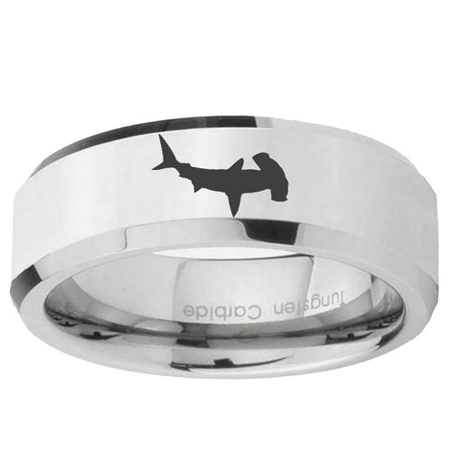 10mm Hammerhead Shark Beveled Edge Silver Tungsten Ring