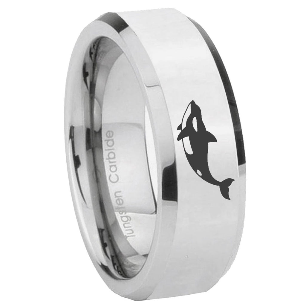 10mm Keller Whale Beveled Edges Silver Tungsten Carbide Mens Ring Engraved