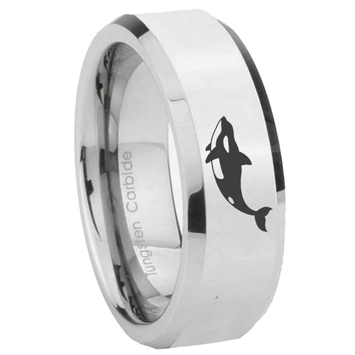 10mm Keller Whale Beveled Edges Silver Tungsten Carbide Mens Ring Engraved