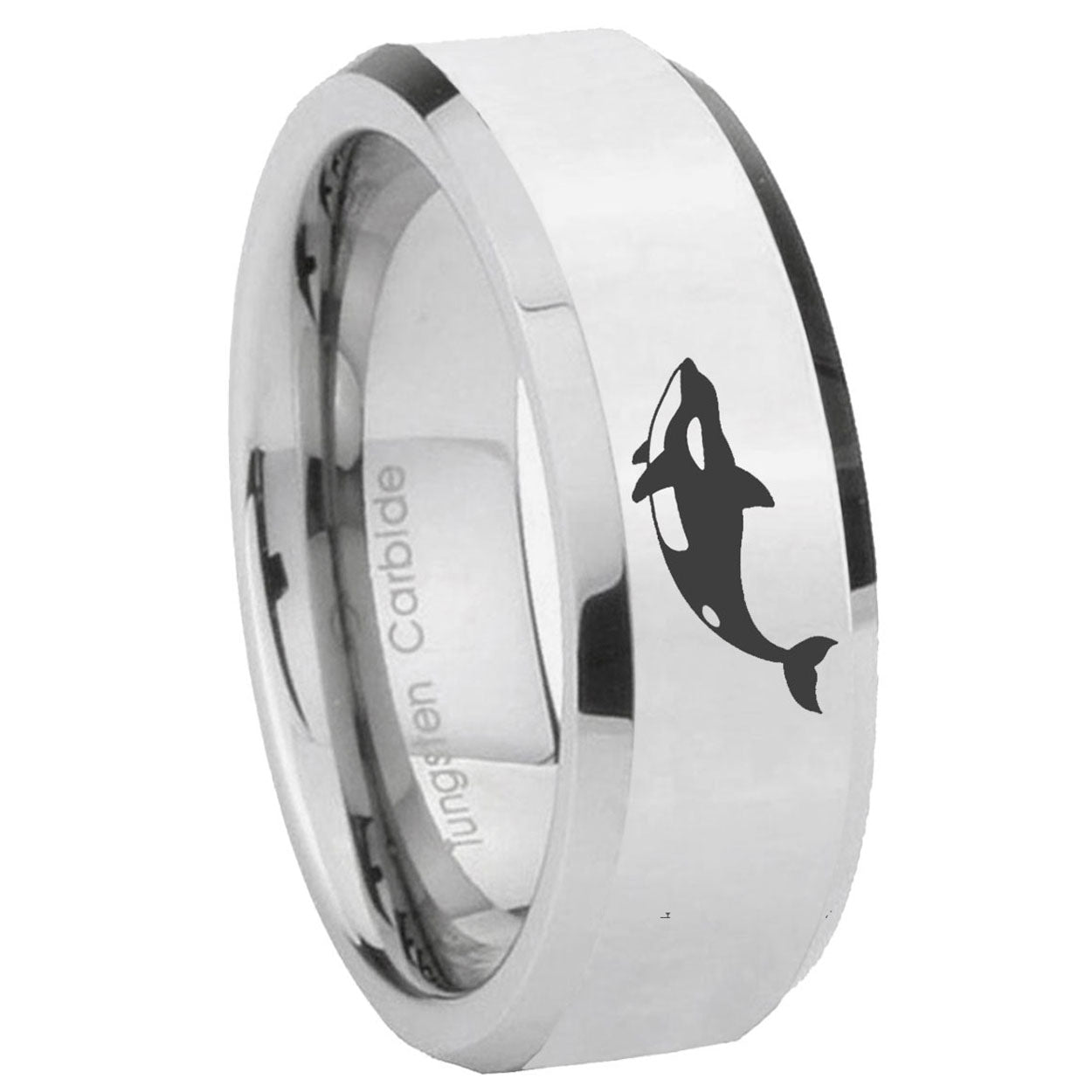 8MM Killer Whale Bevel Polish Silver Tungsten Engravable Ring