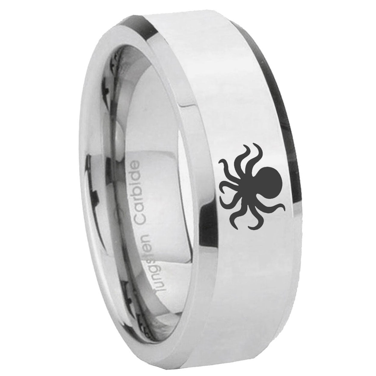 8MM Octopus Bevel Polish Silver Tungsten Mens Promise Ring