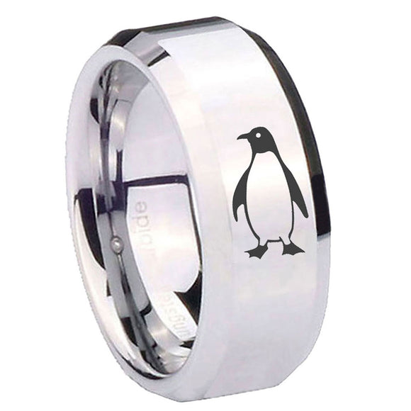 10mm-Penguin-Beveled-Edges-Silver-Tungsten-Carbide-Mens-Ring-Engraved
