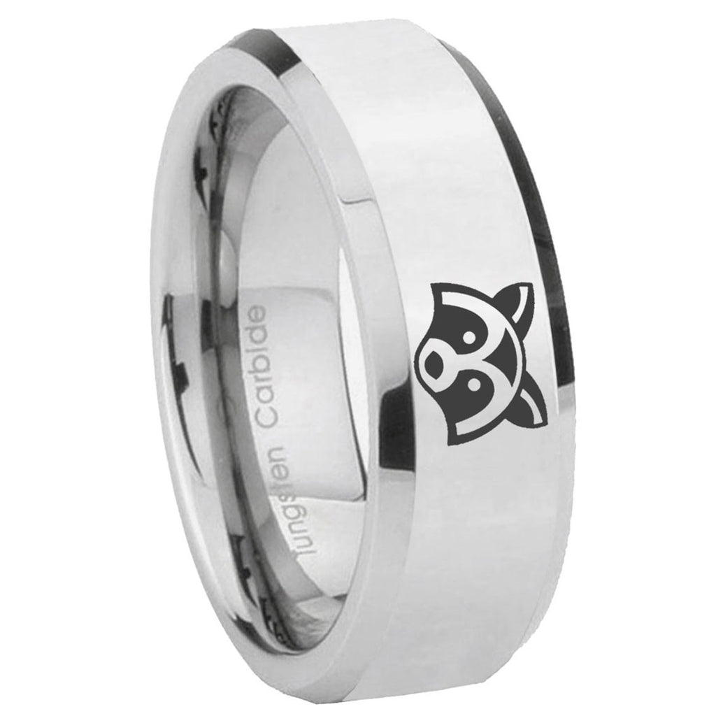 10mm Raccoon Animal Beveled Edges Silver Tungsten Carbide Mens Ring Engraved