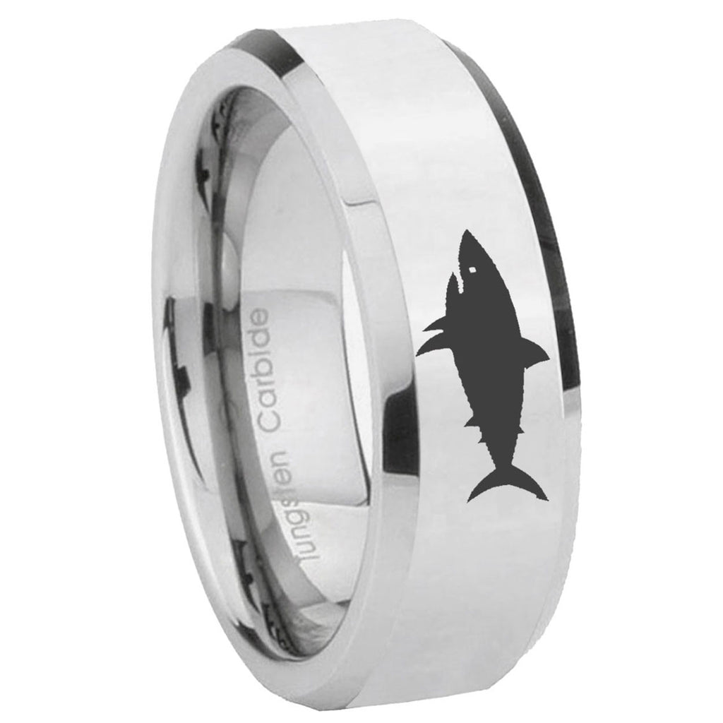10mm Shark Beveled Edges Silver Tungsten Carbide Mens Ring Engraved