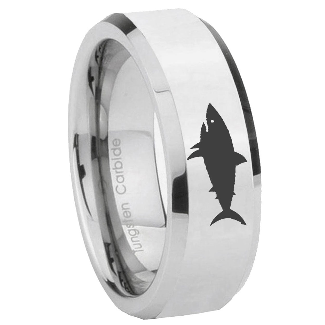 8MM Shark Bevel Polish Silver Tungsten Wedding Rings