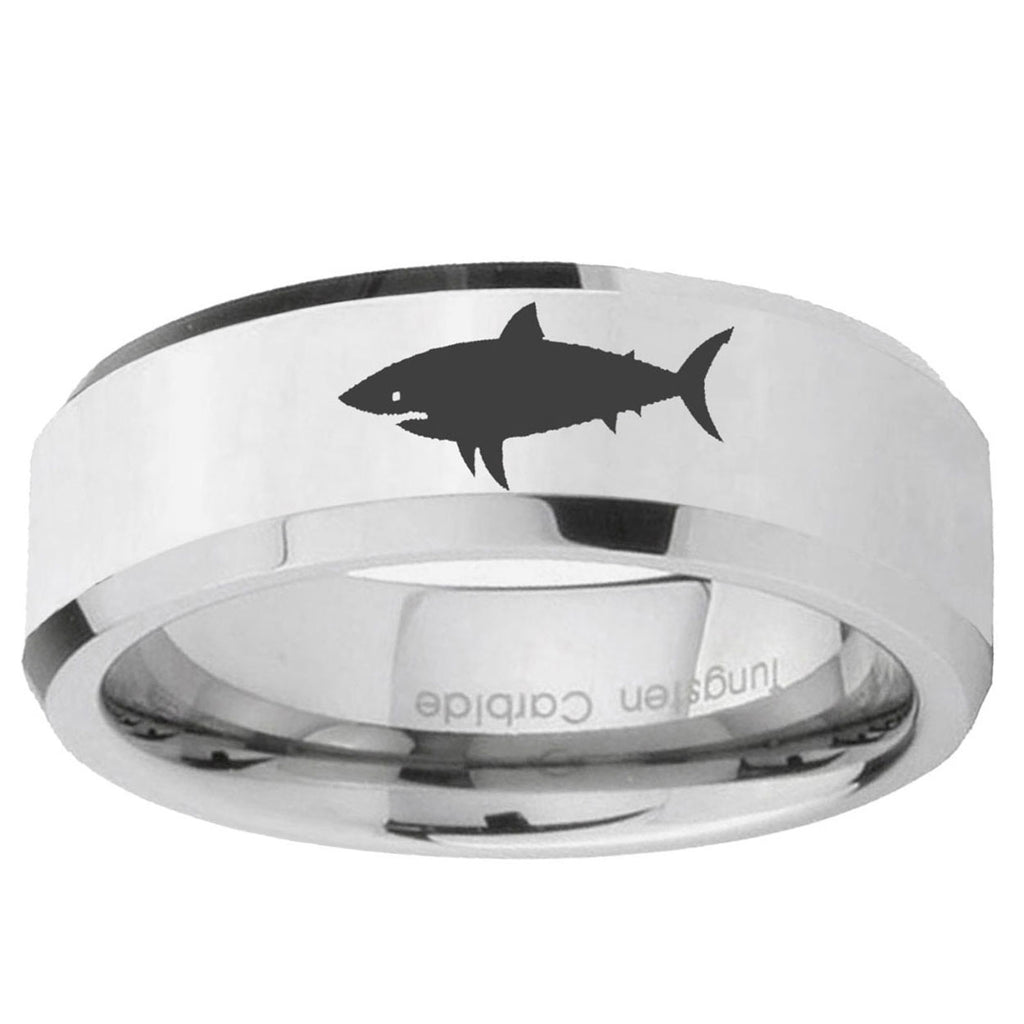 10mm Shark Beveled Edge Silver Tungsten Ring