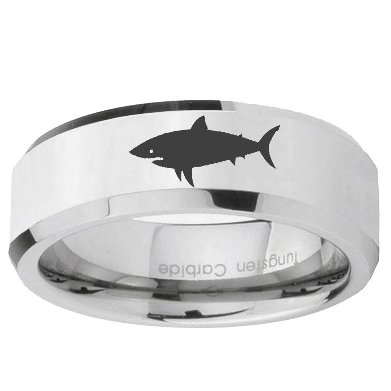 10mm Shark Beveled Edge Silver Tungsten Ring