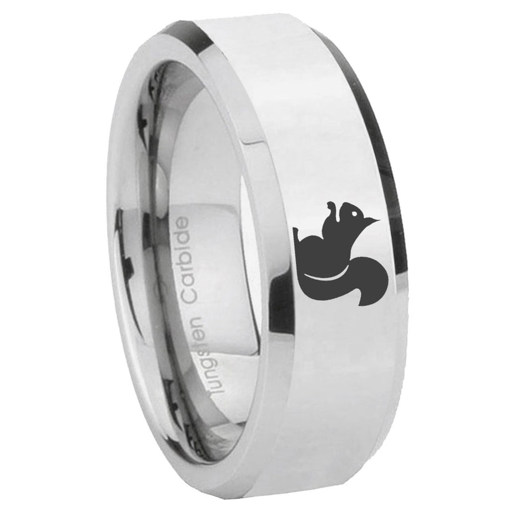10mm Squirrel Beveled Edges Silver Tungsten Carbide Mens Ring Engraved