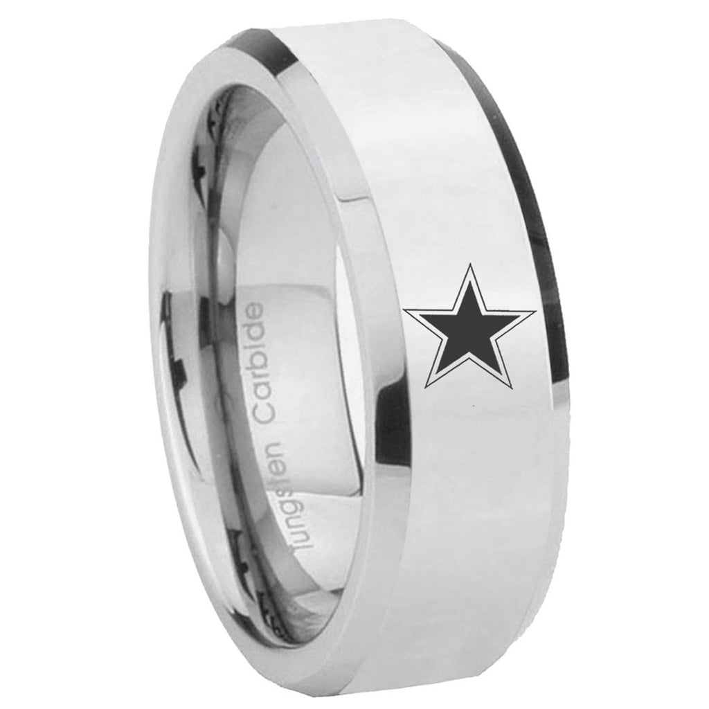 10mm Cowboys Star Beveled Edges Silver Tungsten Carbide Mens Ring Engraved