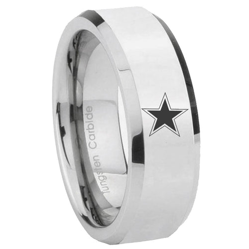 10mm Cowboys Star Beveled Edges Silver Tungsten Carbide Mens Ring Engraved