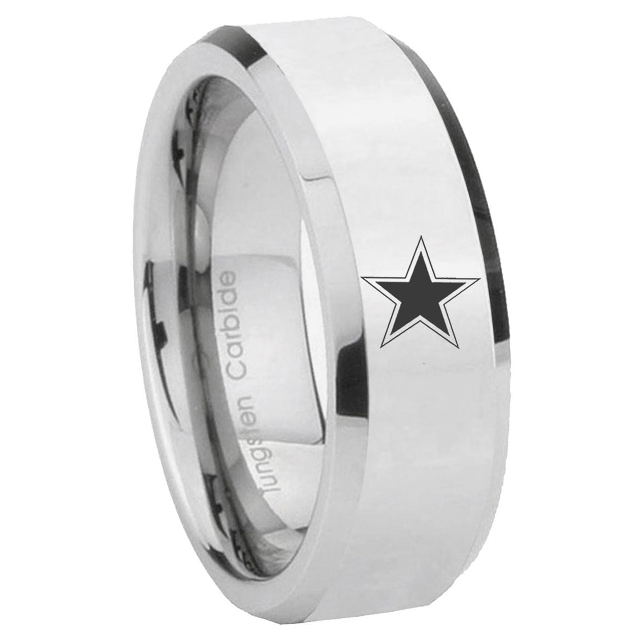 8MM Cowboys Star Bevel Polish Silver Tungsten Wedding Rings