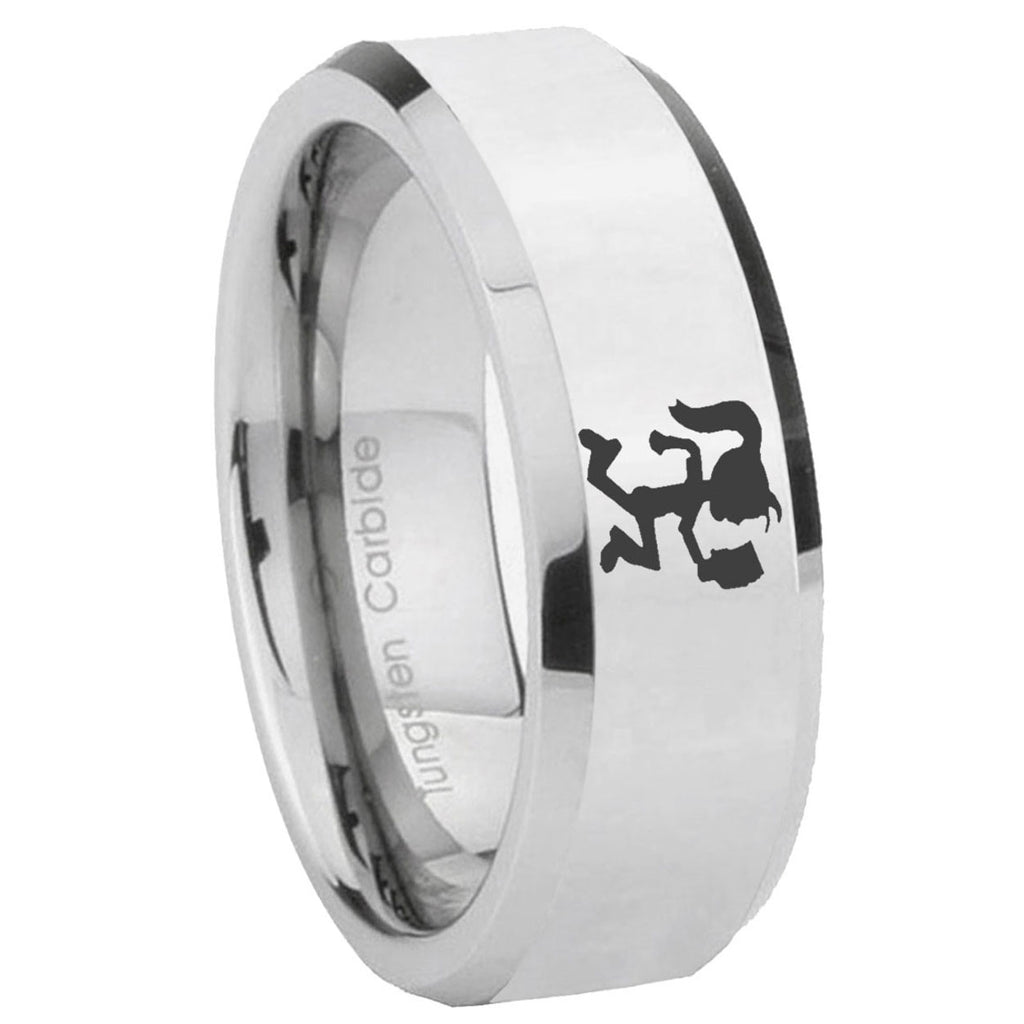 10mm Hatchet Woman Beveled Edges Silver Tungsten Carbide Mens Ring Engraved