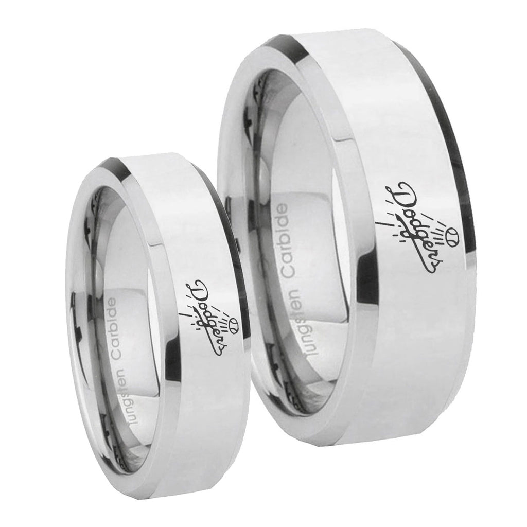 LA Dogers MLB Baseball Beveled Edges Silver Tungsten Couple Wedding Bands