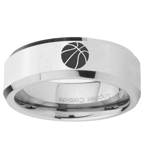 10mm Basketball Beveled Edge Silver Tungsten Ring
