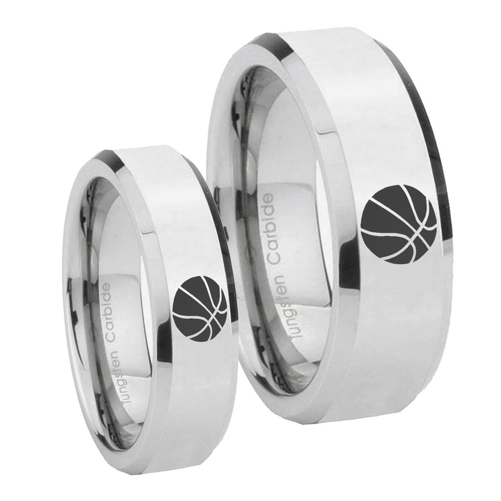 Basketball Beveled Edges Silver Tungsten Couple Band Set