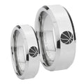 Basketball Beveled Edges Silver Tungsten Couple Band Set