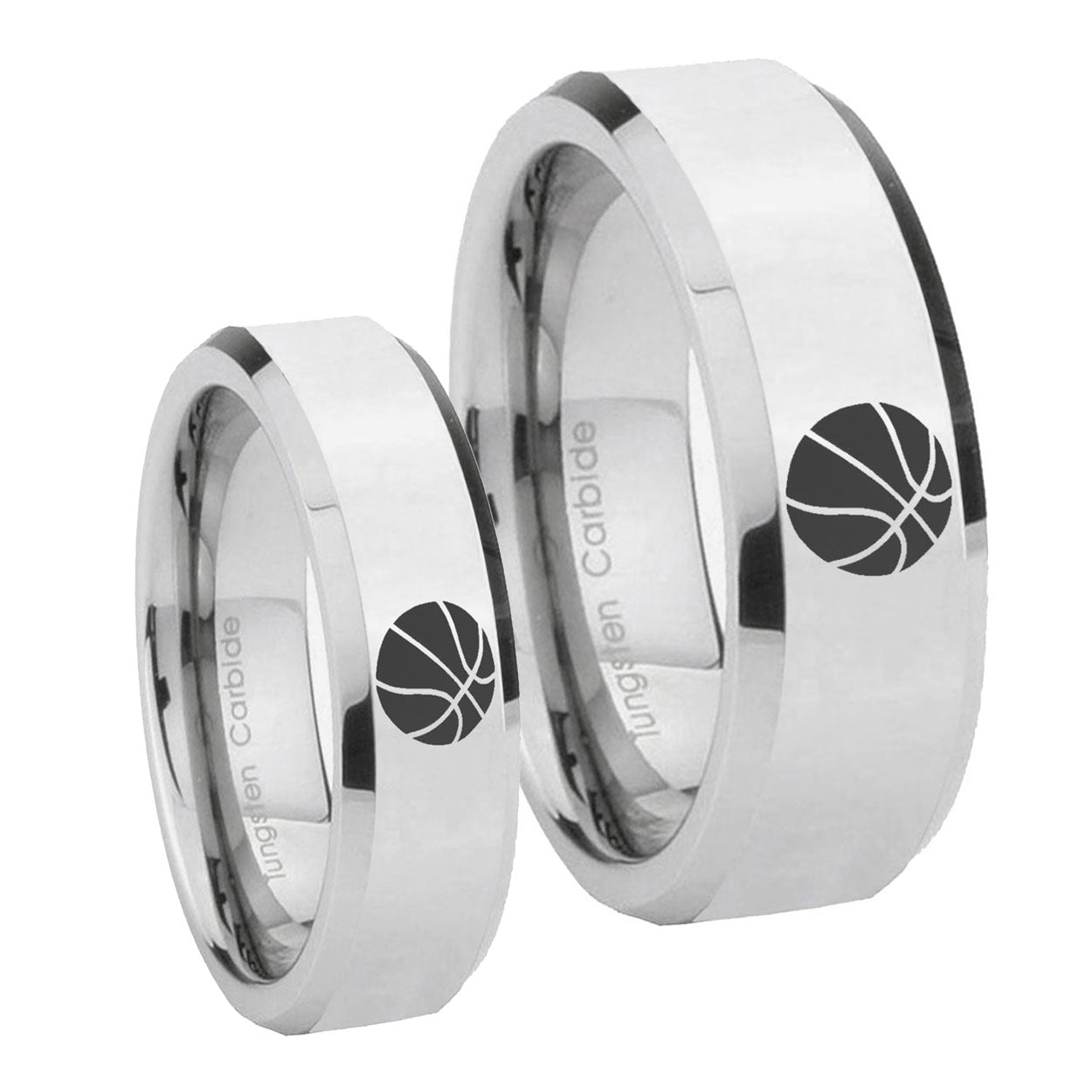 Basketball Beveled Edges Silver Tungsten Couple Band Set