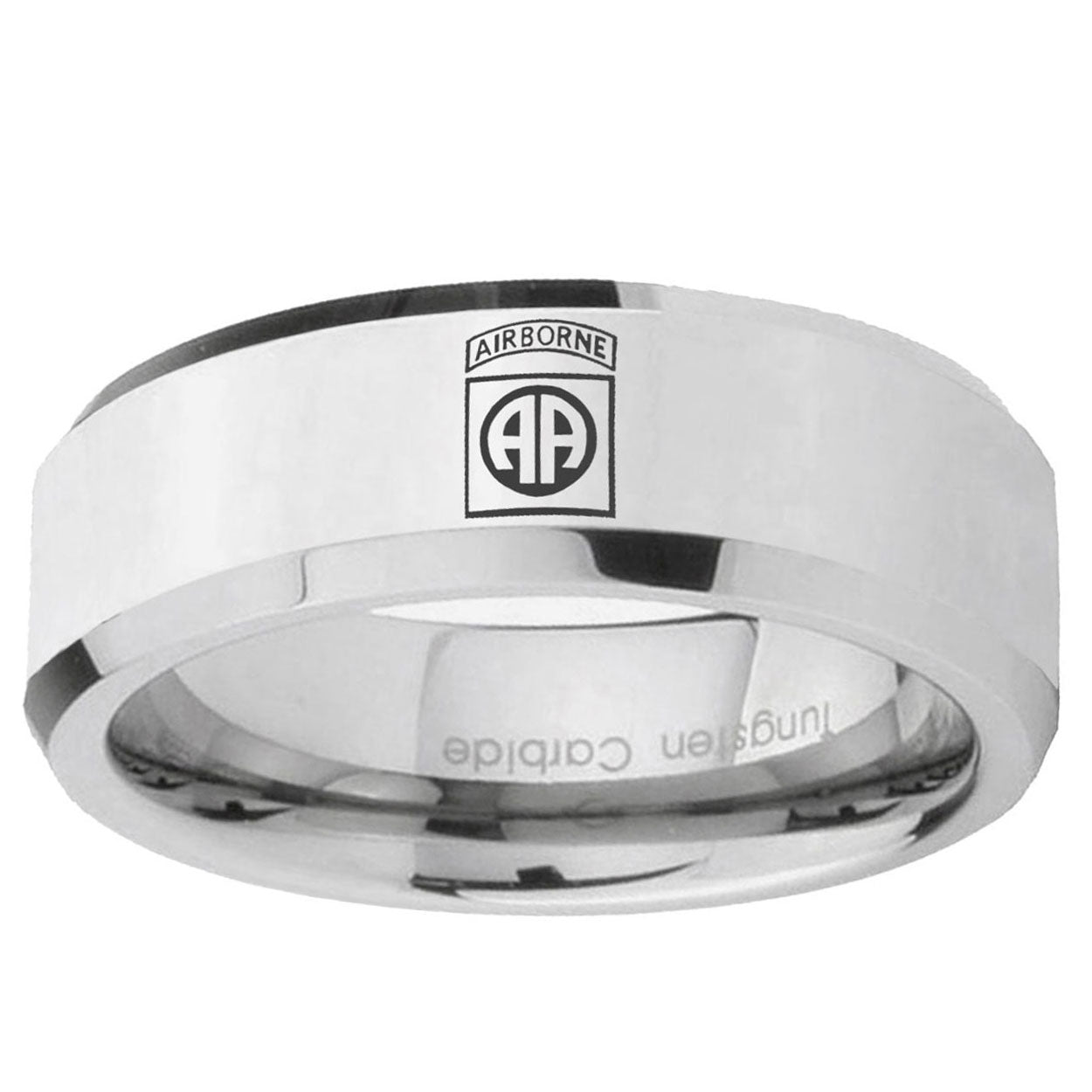 10mm Army Airborn Beveled Edge Silver Tungsten Ring