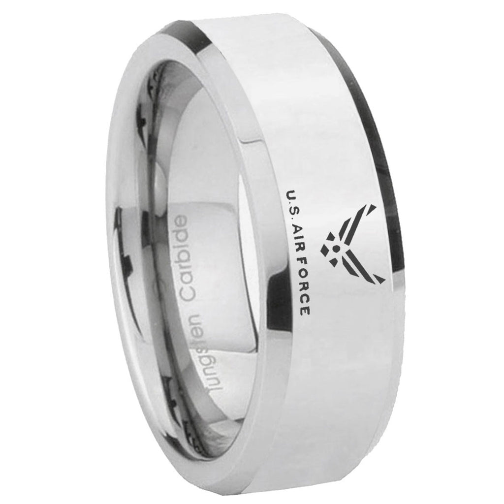 10mm Beveled US Air Force Mirror Beveled Edges Silver Tungsten Carbide Ring