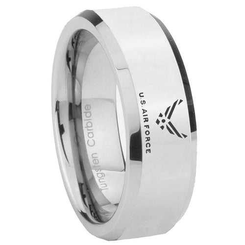 10mm Beveled US Air Force Mirror Beveled Edges Silver Tungsten Carbide Ring