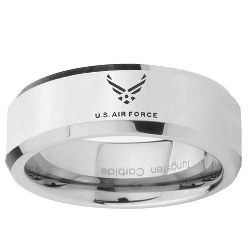 10mm Beveled US Air Force Mirror Beveled Edge Silver Tungsten Carbide Ring