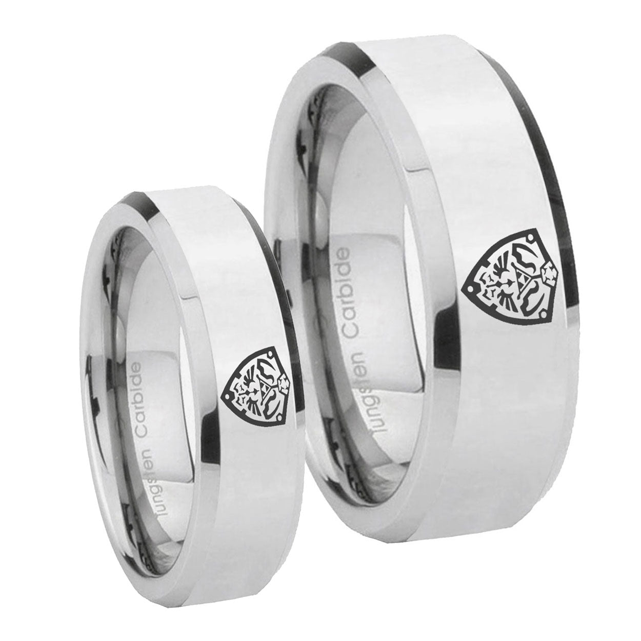 Zelda Hylian Shield Beveled Edges Silver Tungsten His and Hers
