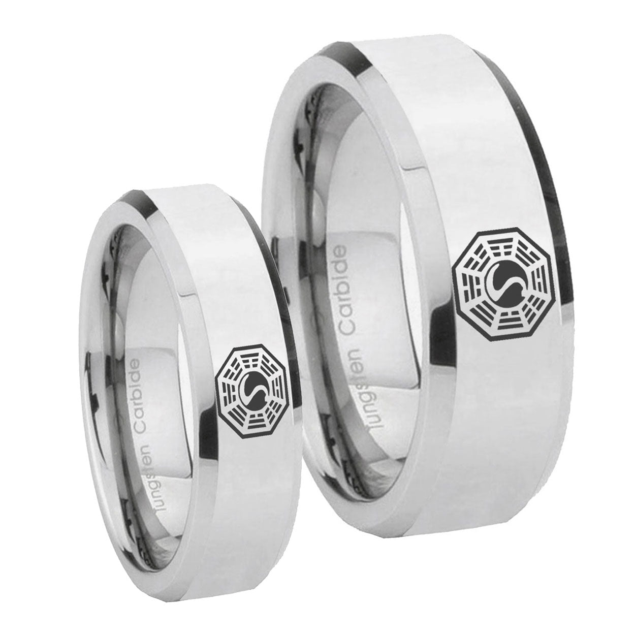 Lost Dharma Beveled Edges Silver Tungsten Wedding Set Ring