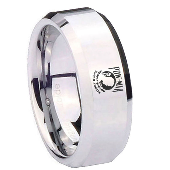 10mm-Military-Pow-Beveled-Edges-Silver-Tungsten-Carbide-Mens-Ring-Engraved